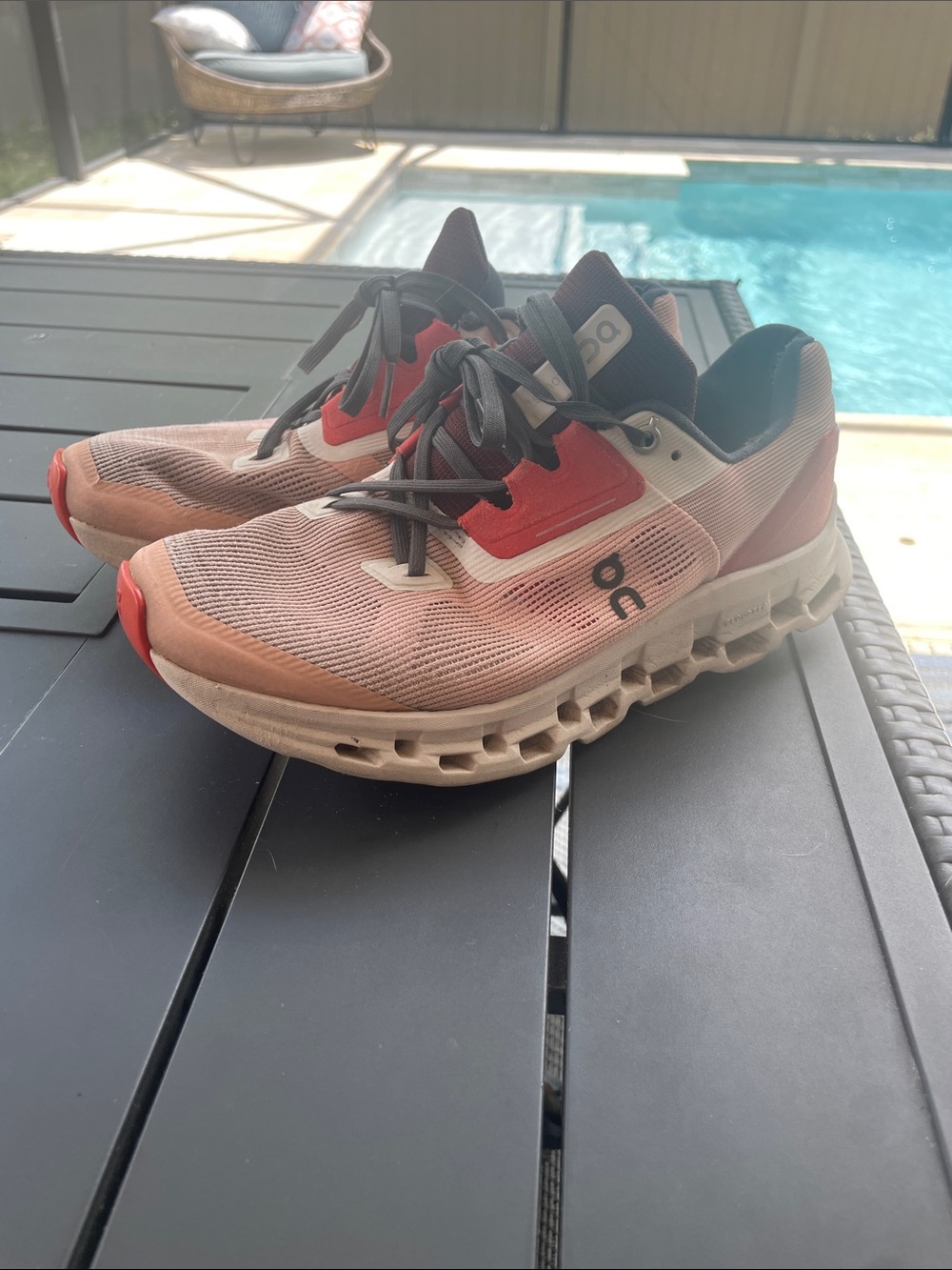 On Running Coral and Beige Mesh Running Shoes